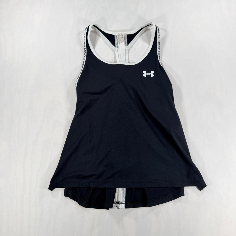 Under Armour Tank Top Kids Medium Black HeatGear Racerback Logo Taping Shirt